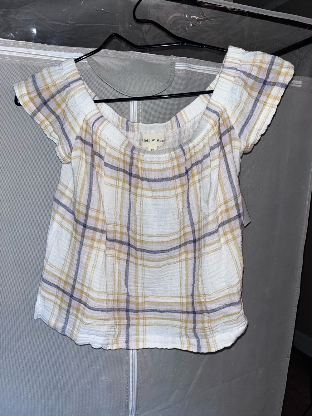 Cloth & Stone Plaid Off The Shoulder Crop Top XS Pastel Textured Gauze Blouse - Picture 2 of 8